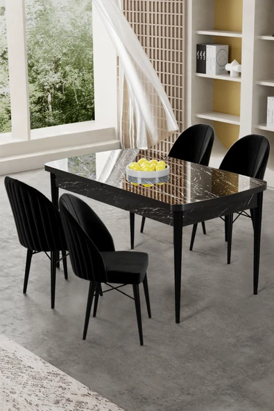 Canisa Gale Serisi 80x132 Açılabilir Lak Panel Siyah Mermer Desen Mutfak Masa Takımı 4 Siyah Sandalye ürün görseli 1