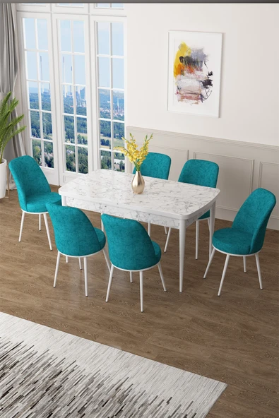 Canisa Zen Serisi 80x132 Mdf Açılabilir Beyaz Mermer Desen Masa Takımı Ve 6 Turkuaz Sandalye ürün görseli 1