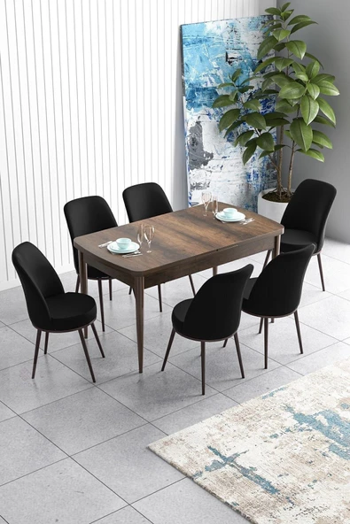Canisa Han Serisi 70x114 Açılabilir Mdf Mutfak Masası Takımı Barok Desen Masa 6 Siyah Sandalye ürün görseli 1
