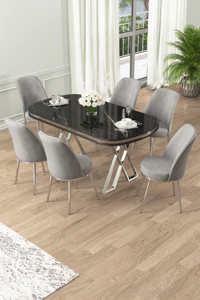 Canisa Lai Serisi 90x168 Lak Panel Sonata Krom Ayak Masa Takımı 6 Gri Sandalye ürün görseli 1