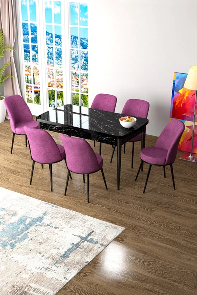Canisa Zen Serisi 80x132 Mdf Açılabilir Siyah Mermer Desen Masa Takımı Ve 6 Mor Sandalye ürün görseli 1