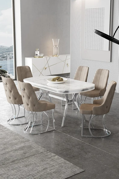Canisa Epal Serisi 90x168 Lak Panel Beyaz Mermer Desen Masa Takımı Krom Ayaklı 6 Cappucino Sandalye ürün görseli 1