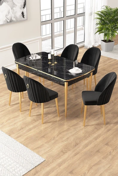 Canisa Edaf Serisi 80x132 Açılabilir Siyah Mermer Desen Mutfak Masa Takımı 6 Sandalye Gold Detay ürün görseli 1