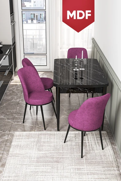 Canisa Kor Serisi 70x114 Açılabilir MDF Mutfak Masası Takımı Siyah Mermer Desen Masa 4 Mor Sandalye ürün görseli 1