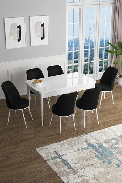 Canisa Han Serisi 70x114 Açılabilir Mdf Mutfak Masası Takımı Beyaz Masa 6 Siyah Sandalye ürün görseli 1