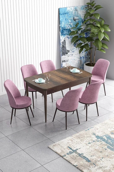 Canisa Han Serisi 70x114 Açılabilir Mdf Mutfak Masası Takımı Barok Desen Masa 6 Pembe Sandalye ürün görseli 1