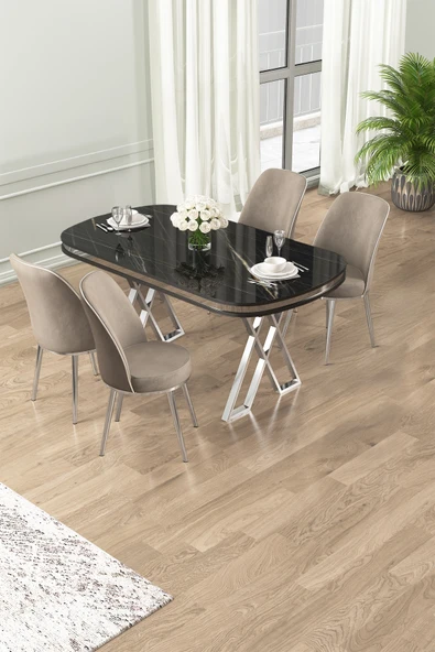 Canisa Lai Serisi 90x168 Lak Panel Sonata Masa ve 4 Cappucino Sandalye Krom Kaplama Ayak ürün görseli 1