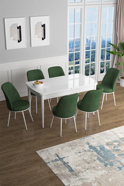 Canisa Han Serisi 70x114 Açılabilir Mdf Mutfak Masası Takımı Beyaz Masa 6 Haki Yeşil Sandalye ürün görseli 1