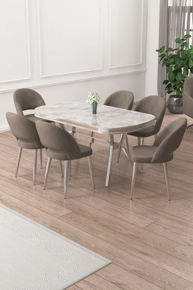 Canisa Jita Serisi 90x168 Lak Panel Rampla Gri Krom Ayak Masa Takımı ve 6 Cappucino Sandalye ürün görseli 1
