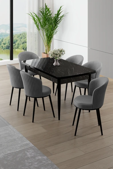Canisa Asfel Serisi MDF 77x130 Siyah Mermer Desen Yandan Açılabilir Mutfak Masa Takımı 6 Gri Sandalye ürün görseli 1