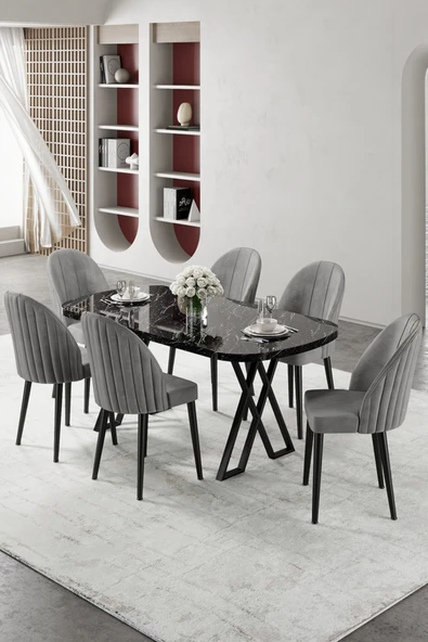 Canisa Kaye Serisi Mdf 90x168 Siyah Mermer Desen Mutfak Masası Takımı 6 Gri Sandalye ürün görseli 1