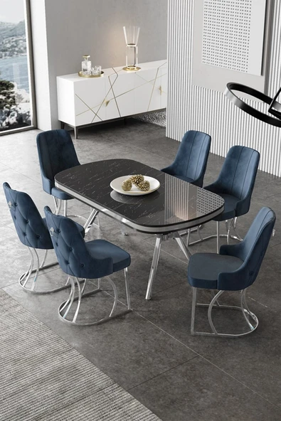 Canisa Epal Serisi 90x168 Lak Panel Siyah Mermer Desen Krom Ayaklı Masa Takımı ve 6 Antrasit Sandalye ürün görseli 1