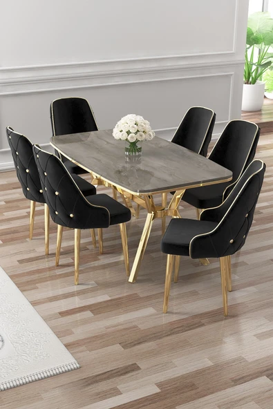 Canisa Asel Serisi 90x160 Lak Panel Antrasit İroni Gold Kaplama Ayaklı Masa Takımı ve 6 Siyah Sandalye ürün görseli 1