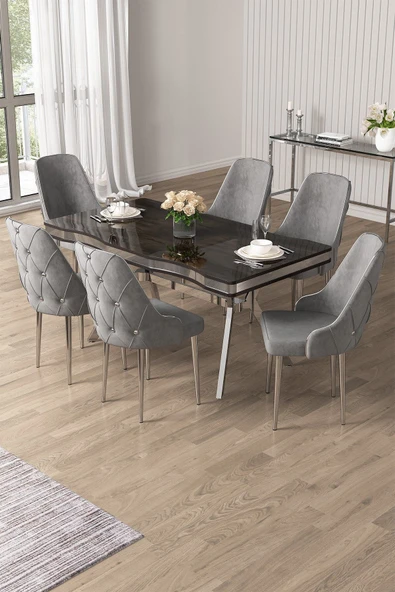 Canisa Vae Serisi 90x160 Lak Panel Antrasit İroni Krom Ayak  Masa Takımı 6 Gri Sandalye ürün görseli 1