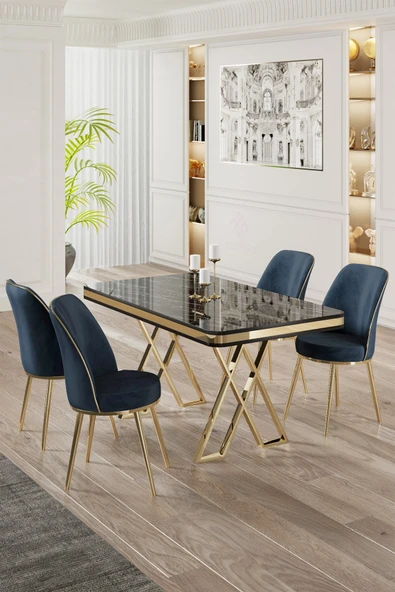 Canisa Vals Serisi 80x130 Lak Panel Siyah Mermer Desen Masa Takımı Gold Ayaklı 4 Antrasit Sandalye ürün görseli 1