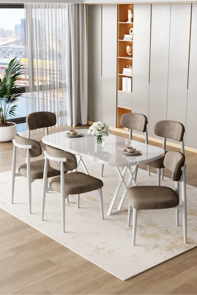 Canisa Jolin Serisi Mdf 90x168 Beyaz Mutfak Masa Takımı 6 Cappucino Sandalye ürün görseli 1