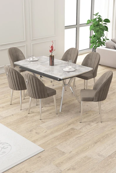 Canisa Sim Serisi 89x150 Açılabilir Lak Panel Rampla Gri Krom Ayak Masa Takımı Ve 6 Cappucino Sandalye ürün görseli 1