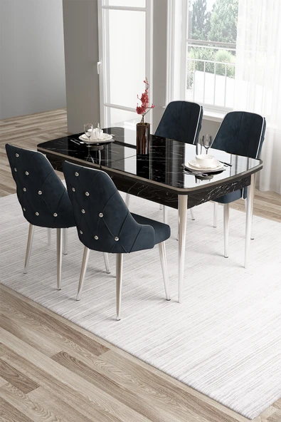 Canisa Tia Serisi 80x132 Açılabilir Mdf Siyah Mermer Desen Krom Detay Masa Takımı Ve 4 Antrasit Sandalye ürün görseli 1