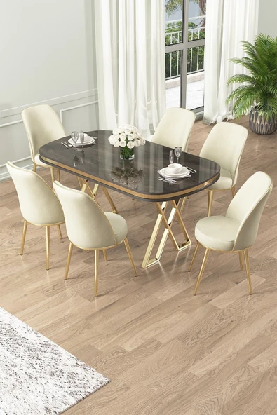 Canisa Lai Serisi 90x168 Lak Panel Antrasit Ironi Gold Ayak Masa Takımı 6 Krem Sandalye ürün görseli 1