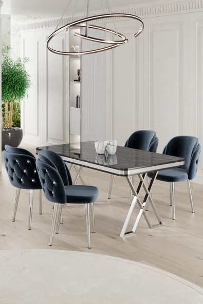 Canisa Rigel Serisi 80x130 Lak Panel Siyah Mermer Desen Masa Takımı Krom Ayaklı 4 Antrasit Sandalye ürün görseli 1