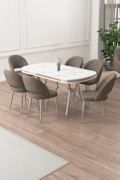 Canisa Jita Serisi 90x168 Lak Panel Beyaz Mermer Desen Krom Ayak Masa Takımı ve 6 Cappucino Sandalye ürün görseli 1