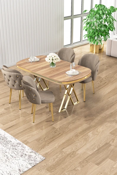 Canisa Zae Serisi 90x168 Lak Panel Hazar Gold Ayak Masa Takımı 4 Cappucino Sandalye ürün görseli 1