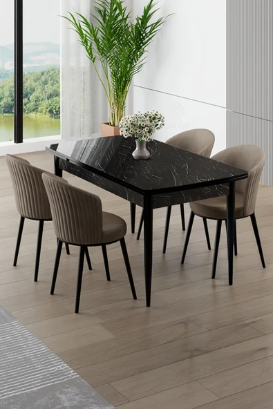 Canisa Asfel Serisi MDF 77x130 Siyah Mermer Desen Yandan Açılabilir Mutfak Masa Takımı 4 Cappucino Sandalye ürün görseli 1