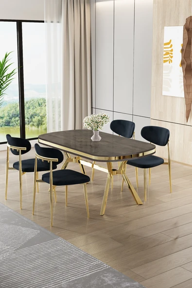 Canisa Olya Serisi 90x168 MDF Sabit Lak Panel Antrasit İroni Masa Takımı Gold Ayaklı 4 Siyah Sandalye ürün görseli 1