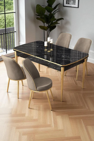Canisa Nira Serisi 70x114 Mdf Siyah Mermer Desen Mutfak Masa Takımı 4 Cappucino Sandalye Gold Detay ürün görseli 1