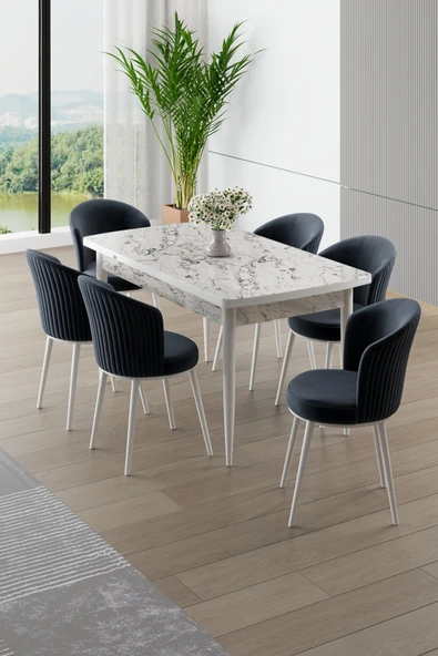 Canisa Asfel Serisi MDF 77x130 Beyaz Mermer Desen Yandan Açılabilir Mutfak Masa Takımı 6 Antrasit Sandalye ürün görseli 1
