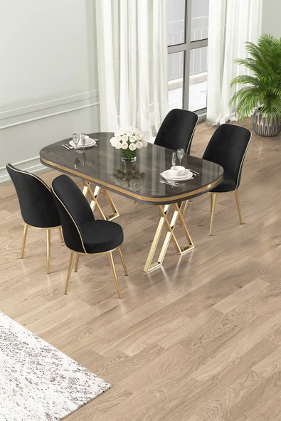 Canisa Lai Serisi 90x168 Lak Panel Antrasit İroni Masa ve 4 Siyah Sandalye Gold Kaplama Ayak ürün görseli 1