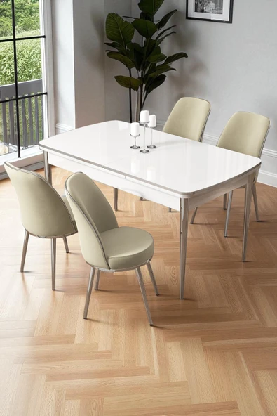 Canisa Nira Serisi 70x114 Mdf Açılabilir Beyaz Mutfak Masa Takımı 4 Krem Sandalye Krom Detay ürün görseli 1