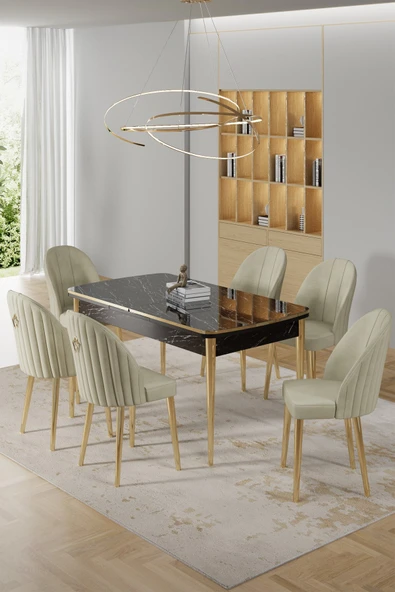 Canisa Rada Serisi 80x132 Açılabilir Lak Panel Siyah Mermer Desen Masa 6 Krem Sandalye Gold Detay ürün görseli 1