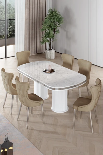Canisa Galya Serisi Lak Panel 90x168 Sabit Beyaz Mermer Desen Mutfak Masa Takımı 6 Cappucino Sandalye ürün görseli 1