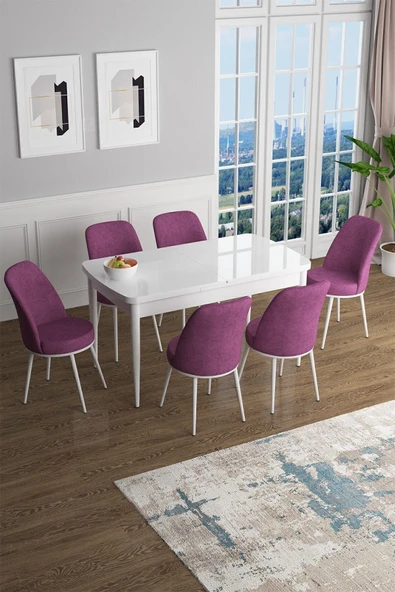 Canisa Han Serisi, Beyaz 70x114 Açılabilir Mdf Mutfak Masa Takımı, 6 Mor Sandalye ürün görseli 1