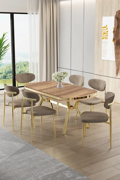 Canisa Olya Serisi 90x168 Lak Panel Hazar Masa Takımı Gold Ayaklı 6 Cappucino Sandalye ürün görseli 1