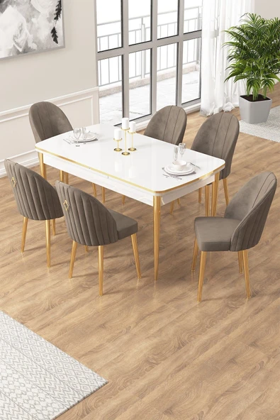 Canisa Edaf Serisi 80x132 Açılabilir Beyaz Mutfak Masa Takımı 6 Cappucino Sandalye Gold Detay ürün görseli 1