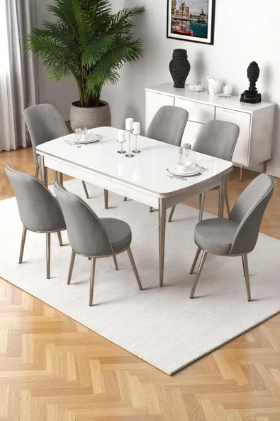 Canisa Nira Serisi 70x114 Mdf Açılabilir Beyaz Masa Takımı 6 Gri Sandalye Krom Detay ürün görseli 1