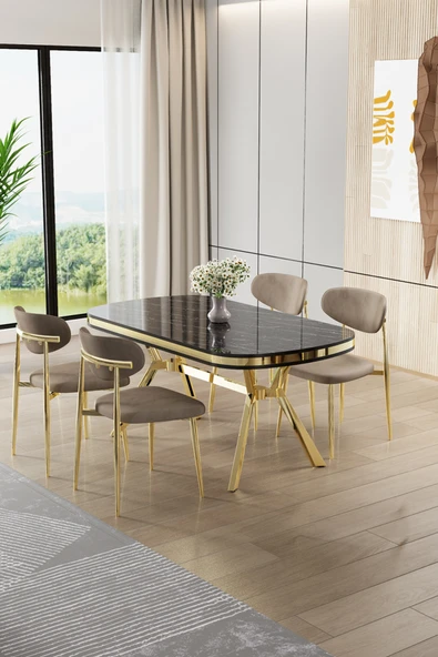 Canisa Olya Serisi 90x168 Lak Panel Sonata Masa Takımı Gold Ayaklı 4 Cappucino Sandalye ürün görseli 1