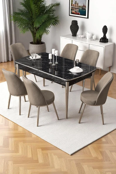 Canisa Nira Serisi 70x114 Mdf Siyah Mermer Desen Mutfak Masa Takımı 6 Cappucino Sandalye Krom Detay ürün görseli 1