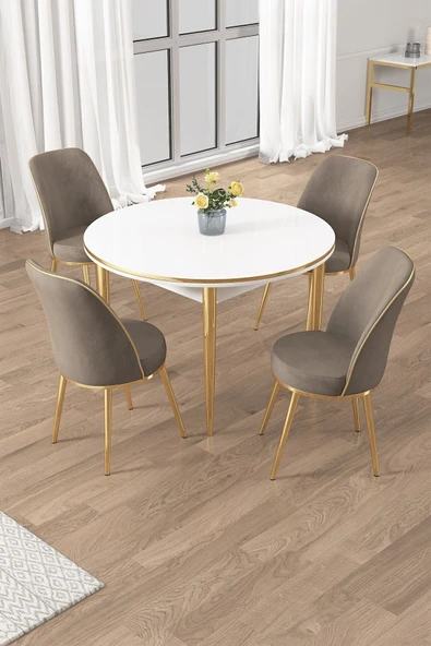 Canisa Osle Serisi 90x90 Beyaz Mutfak Masa Takımı 4 Cappucino Sandalye Gold Detay ürün görseli 1