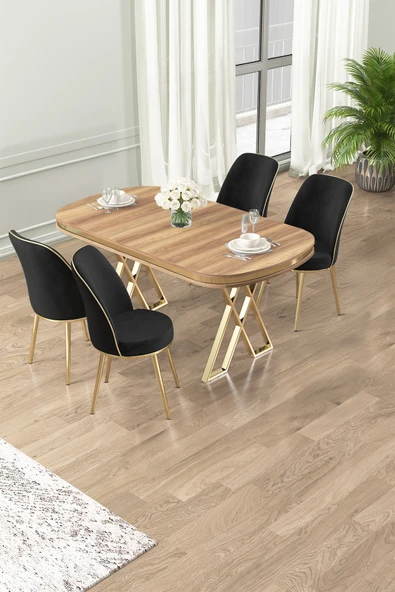 Canisa Lai Serisi 90x168 Lak Panel Hazar Masa ve 4 Siyah Sandalye Gold Kaplama Ayak ürün görseli 1
