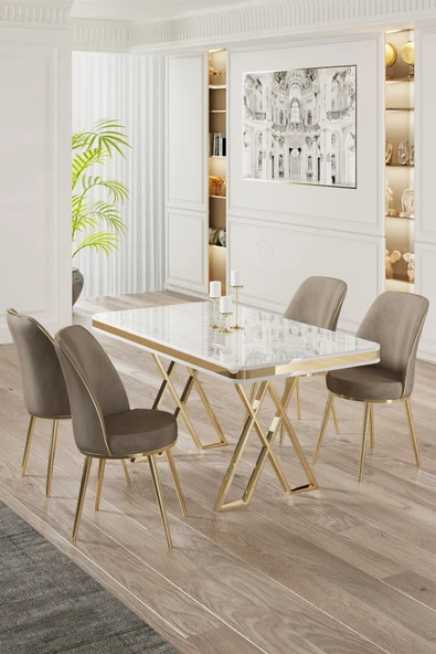 Canisa Vals Serisi 80x130 Lak Panel Beyaz Mermer Desen Masa Takımı Gold Ayaklı 4 Cappucino Sandalye ürün görseli 1