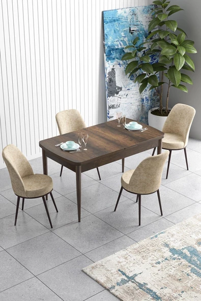 Canisa Han Serisi 70x114 Açılabilir Mdf Mutfak Masası Takımı Barok Desen Masa 4 Krem Sandalye ürün görseli 1