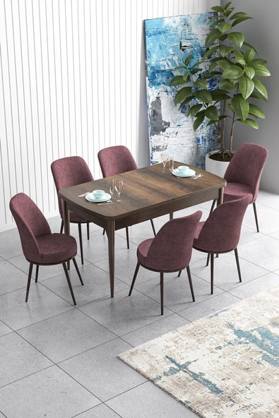 Canisa Han Serisi 70x114 Açılabilir Mdf Mutfak Masası Takımı Barok Desen Masa 6 Gül Kurusu Sandalye ürün görseli 1