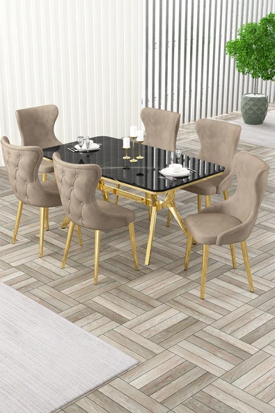 Canisa Esla Serisi 90x160 Lak Panel Sonata Gold Kaplama Ayaklı Masa Takımı ve 6 Cappucino Sandalye ürün görseli 1