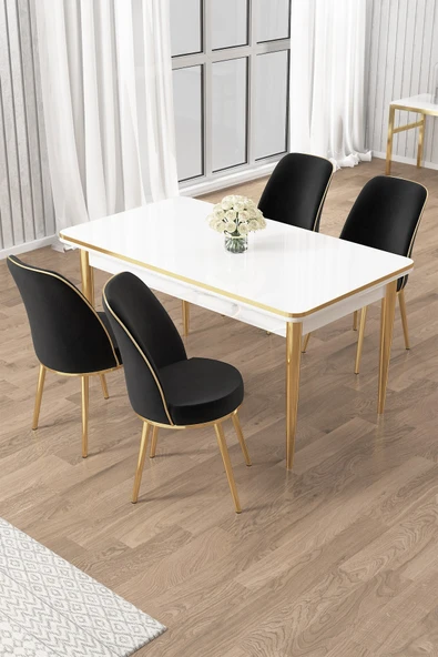 Canisa Rewa Serisi 70x110 Sabit Beyaz Gold Detay Masa Takımı ve 4 Siyah Sandalye ürün görseli 1