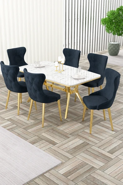 Canisa Esla Serisi 90x160 Lak Panel Beyaz Mermer Desen Gold Ayaklı Masa Takımı ve 6 Antrasit Sandalye ürün görseli 1