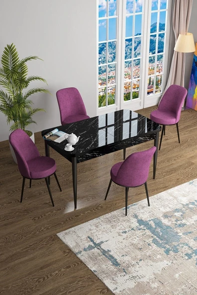 Canisa Han Serisi 70x114 Açılabilir Mdf Mutfak Masası Takımı Siyah Mermer Desen Masa 4 Mor Sandalye ürün görseli 1