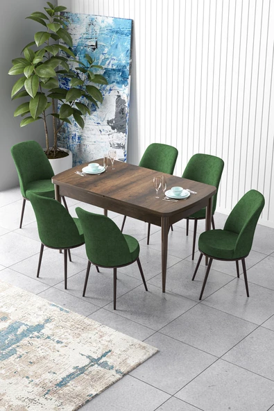 Canisa Zen Serisi 80x132 Mdf Açılabilir Barok Ahşap Desen Masa Takımı Ve 6 Haki Yeşil Sandalye ürün görseli 1